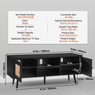 Soporte de TV de Rattan, Gabinete Boho para TV de 55 pulgadas, Soporte de TV de estilo moderno de mediados de siglo, Consola de TV de Rattan con estantes ajustables para sala de estar, sala de med...