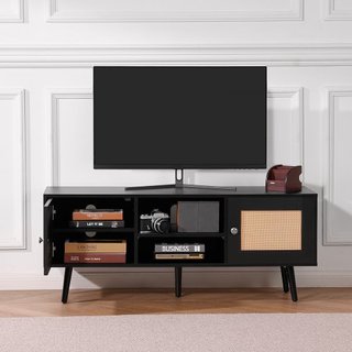Soporte de TV de Rattan, Gabinete Boho para TV de 55 pulgadas, Soporte de TV de estilo moderno de mediados de siglo, Consola de TV de Rattan con estantes ajustables para sala de estar, sala de med...