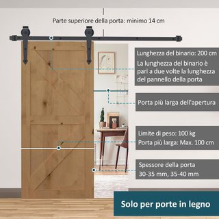 Kit de Puerta Corredera de 200CM/6.6FT en Acero al Carbono, Riel para Puerta Corredera Individual con Ruedas Estilo Rústico, Marrón