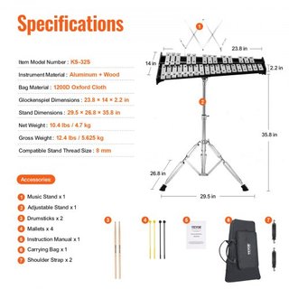 Kit di campane Glockenspiel a 32 note, set di strumenti a percussione professionale con bacchette, bacchette per tamburo, supporto musicale, supporto regolabile e borsa da trasporto per studenti...