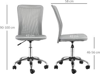 Silla de Oficina Ergonómica Sin Brazos, Silla para Escritorio de Tejido Transpirable de Malla, Altura Ajustable y 5 Ruedas, 43X58X90-100 Cm, Gris