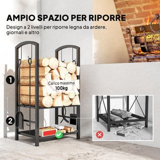Portalegna Elegante de Metal en 2 Niveles con 4 Utensilios de Chimenea Robusto y de Calidad 40X30X74.5Cm Negro