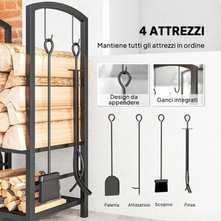 Portalegna Elegante de Metal en 2 Niveles con 4 Utensilios de Chimenea Robusto y de Calidad 40X30X74.5Cm Negro