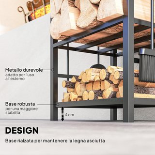Portalegna Elegante de Metal en 2 Niveles con 4 Utensilios de Chimenea Robusto y de Calidad 40X30X74.5Cm Negro
