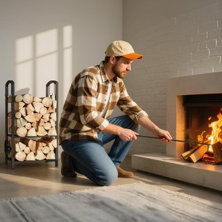 Portalegna Elegante de Metal en 2 Niveles con 4 Utensilios de Chimenea Robusto y de Calidad 40X30X74.5Cm Negro