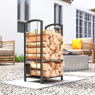 Portalegna Elegante de Metal en 2 Niveles con 4 Utensilios de Chimenea Robusto y de Calidad 40X30X74.5Cm Negro