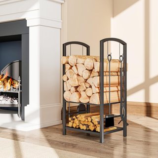 Portalegna Elegante de Metal en 2 Niveles con 4 Utensilios de Chimenea Robusto y de Calidad 40X30X74.5Cm Negro