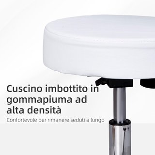 Taburete Giratorio Con Respaldo, Altura Ajustable Y 5 Ruedas en Piel PU Blanca para Casa O Tienda