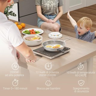 Placa de Inducción con Potencia y Temperatura Regulable con Panel Táctil para Ollas de 12-26 cm, Fogón de Inducción de Plástico y Vidrio, 31X27X4.2 cm, Negro