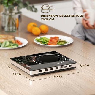 Placa de Inducción con Potencia y Temperatura Regulable con Panel Táctil para Ollas de 12-26 cm, Fogón de Inducción de Plástico y Vidrio, 31X27X4.2 cm, Negro