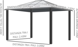 Gazebo da Esterno 3X3.6M in Alluminio con Zanzariera e Tetto in Policarbonato, Tenda da Giardino in Poliestere