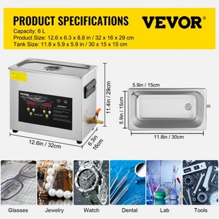 Limpiador Ultrasónico Mejorado de 6L (Calentador de 400W, Ultrasónico de 180W) Limpiador de Piezas Ultrasónico Profesional Digital de Laboratorio con Temporizador de Calentador para Limpieza de Jo...