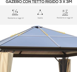 Gazebo da Giardino 3x3m con Tetto in Policarbonato e Zanzariere, Struttura in Alluminio, Caffè e Cachi