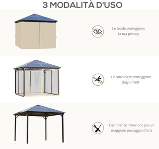 Gazebo da Giardino 3x3m con Tetto in Policarbonato e Zanzariere, Struttura in Alluminio, Caffè e Cachi