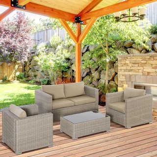 Conjunto de Muebles de Jardín de 4 Piezas en Rattan PE, Salón de Exterior con 1 Sofá, 2 Sillones, 1 Mesa y Cojines Extraíbles y Lavables, Caqui y Beige