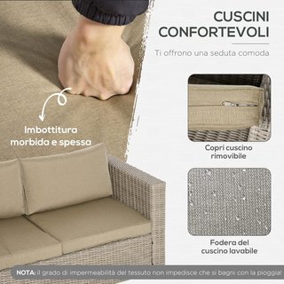 Conjunto de Muebles de Jardín de 4 Piezas en Rattan PE, Salón de Exterior con 1 Sofá, 2 Sillones, 1 Mesa y Cojines Extraíbles y Lavables, Caqui y Beige