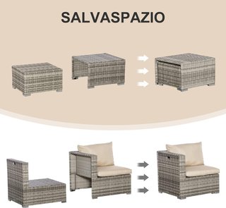 Salón Exterior de Rattan PE de 8 Piezas, Conjunto de Muebles de Jardín Ahorra Espacio con Sillones, Mesas y Puff, Beige