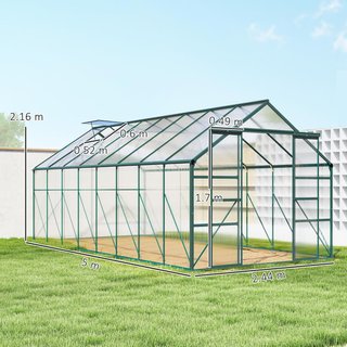 Invernadero de Policarbonato con Puerta Corredera y Ventana Abatible, Invernadero para Plantas de Aluminio, 244X500X216 Cm, Verde