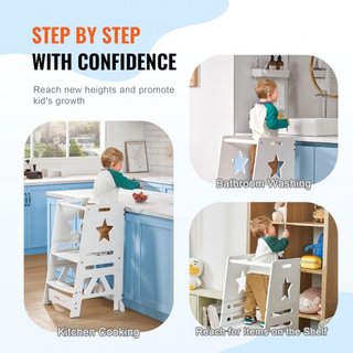 Escalera de Torre para Niños y Niñas, Taburete de Cocina Ajustable en 3 Niveles para Niños, Taburete de Aprendizaje de Bambú con Barandilla de Seguridad para Dormitorio y Baño, Carga de 350LBS, Blanco