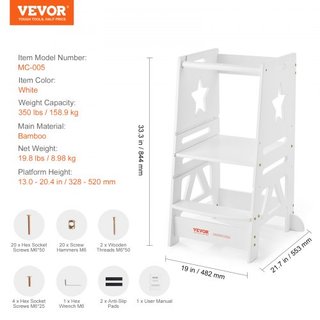 Escalera de Torre para Niños y Niñas, Taburete de Cocina Ajustable en 3 Niveles para Niños, Taburete de Aprendizaje de Bambú con Barandilla de Seguridad para Dormitorio y Baño, Carga de 350LBS, Blanco