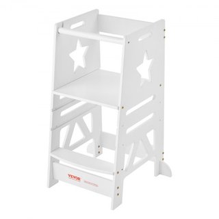 Escalera de Torre para Niños y Niñas, Taburete de Cocina Ajustable en 3 Niveles para Niños, Taburete de Aprendizaje de Bambú con Barandilla de Seguridad para Dormitorio y Baño, Carga de 350LBS, Blanco