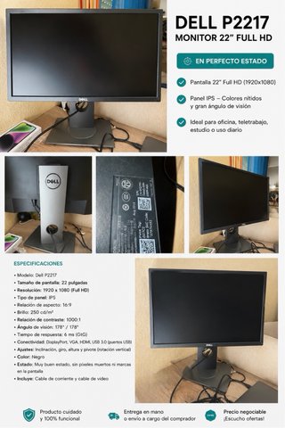 Monitor Dell P2217 22 Full HD IPS Regulable