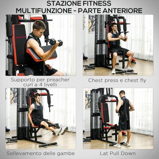 Estación de Fitness Multifuncional para Entrenamiento del Cuerpo, Banco Multifuncional de Acero y PU con 65Kg de Pesos Totales, 225X175X200 Cm, Negro