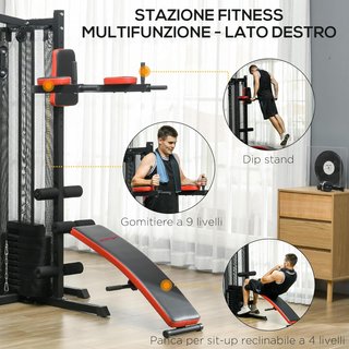 Estación de Fitness Multifuncional para Entrenamiento del Cuerpo, Banco Multifuncional de Acero y PU con 65Kg de Pesos Totales, 225X175X200 Cm, Negro