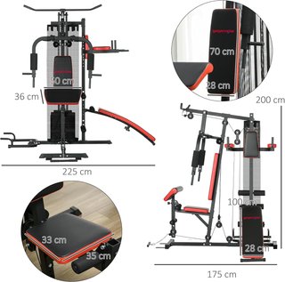 Estación de Fitness Multifuncional para Entrenamiento del Cuerpo, Banco Multifuncional de Acero y PU con 65Kg de Pesos Totales, 225X175X200 Cm, Negro