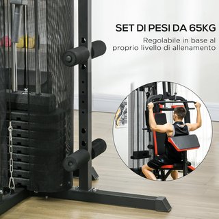 Estación de Fitness Multifuncional para Entrenamiento del Cuerpo, Banco Multifuncional de Acero y PU con 65Kg de Pesos Totales, 225X175X200 Cm, Negro