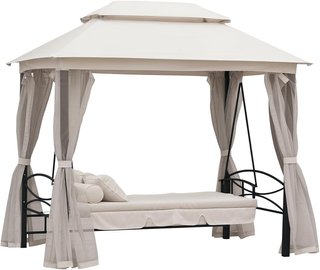 Columpio de 3 Plazas y Cama Individual con Cubierta de Gazebo, Mosquitera y Cojines 256X172X248Cm Crema