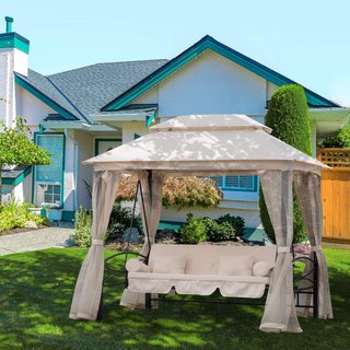Columpio de 3 Plazas y Cama Individual con Cubierta de Gazebo, Mosquitera y Cojines 256X172X248Cm Crema