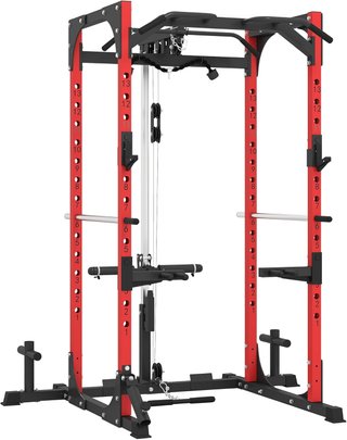 Torre de Potencia, Estación de Fitness con Estación de Cables, Soporte para Barra, Discos y Barra para Dominadas y Fondos, Gimnasio Multifuncional de Acero, para Gimnasio en Casa, 191X153X205 Cm, ...