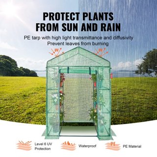 Casa de Invernadero de Pasillo, 4.6 x 2.4 x 6.7 pies Invernadero con Estantes, Se Monta en Minutos, Cubierta de PE de Alta Resistencia con Puertas y Ventanas y Estructura de Acero, Adecuado para P...