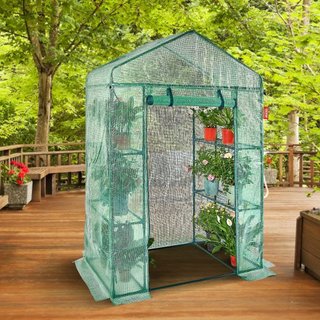 Casa de Invernadero de Pasillo, 4.6 x 2.4 x 6.7 pies Invernadero con Estantes, Se Monta en Minutos, Cubierta de PE de Alta Resistencia con Puertas y Ventanas y Estructura de Acero, Adecuado para P...