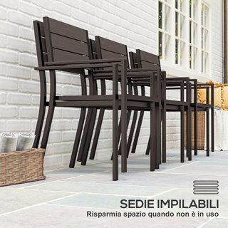 Conjunto de Mesa de Jardín con Sillas de 7 Piezas, Conjunto de Comedor con Mesa con Superficie de HDPE, 6 Sillas de Exterior Apilables con Brazos, Conjunto de Muebles de Acero para Terraza y Patio...