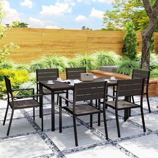Conjunto de Mesa de Jardín con Sillas de 7 Piezas, Conjunto de Comedor con Mesa con Superficie de HDPE, 6 Sillas de Exterior Apilables con Brazos, Conjunto de Muebles de Acero para Terraza y Patio...