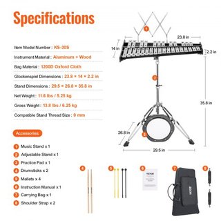Kit di Campane Glockenspiel da 30 Note, Set di Strumenti a Percussione Professionale con Bacchette, Bacchette, Supporto Musicale, Tappetino di Pratica da 203 mm/8", Supporto Regolabile e Altro