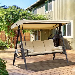 Columpio de Jardín de 3 Plazas en Metal, Columpio de Exterior con Techo Inclinable y Cojines Acolchados, 208X121X172 Cm, Beige