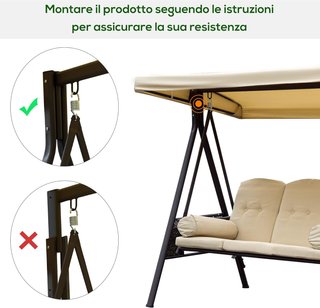 Columpio de Jardín de 3 Plazas en Metal, Columpio de Exterior con Techo Inclinable y Cojines Acolchados, 208X121X172 Cm, Beige
