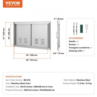 Puerta de Acceso para BBQ, Puerta Doble para Cocina Exterior de 914x534 mm, Puerta de Montaje Flush de Acero Inoxidable, Puerta Vertical de Pared con Manijas y Ventilaciones, para Isla de BBQ, Est...