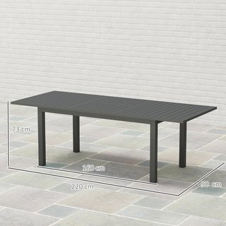 Mesa de Jardín Extensible para 6-8 Personas de 160/220X90X73 Cm, Mesa de Comedor Rectangular Extensible con Superficie de Listones de Aluminio, para Patio, Balcón, Terraza y Exterior, Gris