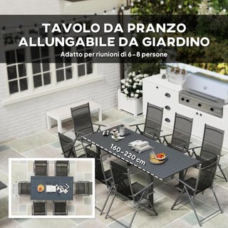 Mesa de Jardín Extensible para 6-8 Personas de 160/220X90X73 Cm, Mesa de Comedor Rectangular Extensible con Superficie de Listones de Aluminio, para Patio, Balcón, Terraza y Exterior, Gris