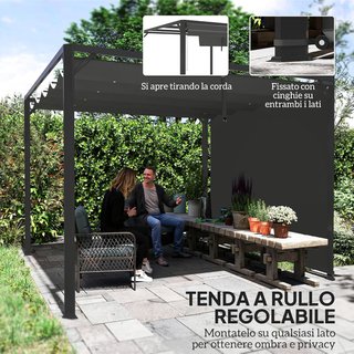 Gazebo Pergola 3X3 M Con Tenda a Rullo Protectora, Orificios di Drenaggio, Pali e Viti, Pergolato da Giardino in Poliestere e Alluminio, per Patio, Terrazza, Esterno, Grigio Scuro