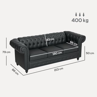 Sofá de 3 Plazas Estilo Chesterfield en Piel Sintética, Sofá de Salón Acolchado con Brazos y Acolchado Grueso, Sofá con Patas de Madera de Caucho para Sala de Estar y Oficina, Negro