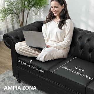 Sofá de 3 Plazas Estilo Chesterfield en Piel Sintética, Sofá de Salón Acolchado con Brazos y Acolchado Grueso, Sofá con Patas de Madera de Caucho para Sala de Estar y Oficina, Negro