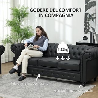 Sofá de 3 Plazas Estilo Chesterfield en Piel Sintética, Sofá de Salón Acolchado con Brazos y Acolchado Grueso, Sofá con Patas de Madera de Caucho para Sala de Estar y Oficina, Negro