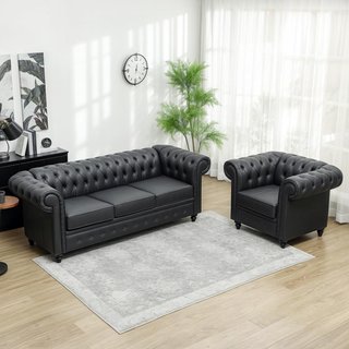 Sofá de 3 Plazas Estilo Chesterfield en Piel Sintética, Sofá de Salón Acolchado con Brazos y Acolchado Grueso, Sofá con Patas de Madera de Caucho para Sala de Estar y Oficina, Negro