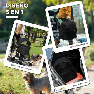 Carrito Perro 3 en 1 Desmontable Cesta Cojín Negro