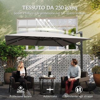 Ombrellone da Giardino con Manovella 3,6X3 M Inclinabile e Girevole 360°, Ombrellone Decentrato con Braccio e Base a Croce e Presa d'Aria, in Poliestere 250G/㎡ e Alluminio, Grigio Chiaro
